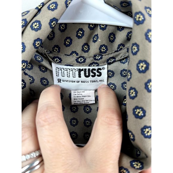 Vintage High Neck Bow Blouse Secretary Shirt Large Geometric Medallion - Picture 4 of 5